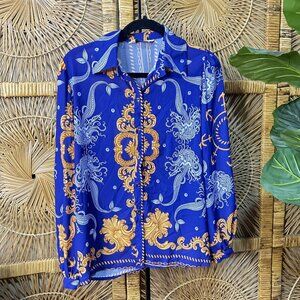Hanae Mori Blue Mermaid Design Button-Up Collared Shirt Size Medium